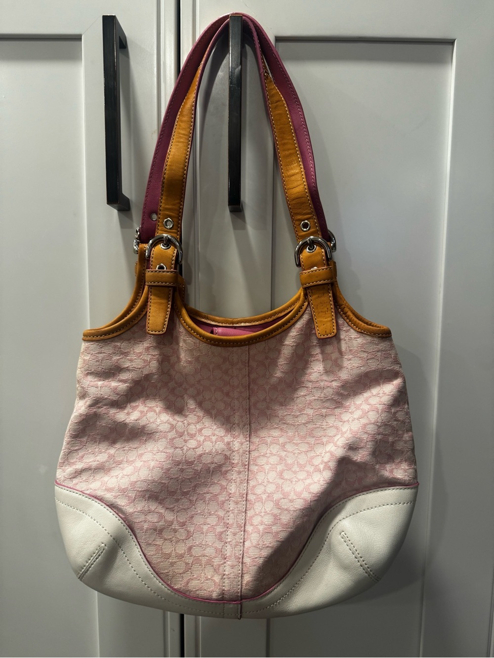 Vintage Coach 7025 Signature Tote Pink Canvas Leather Handbag Purse